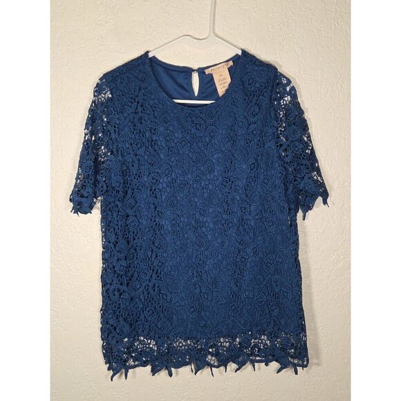 Philosophy Blue Lace Lined Crew Neck Short Sleeve Blouse Top sz L - Picture 1 of 6